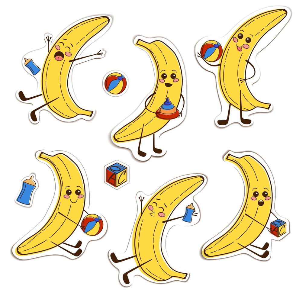 kawaii niedliches und lustiges Baby-Bananen-Aufkleber-Set. vektor, flache, karikatur, zeichen, abbildung. isoliertes Icon-Design auf weißem Hintergrund. vektor