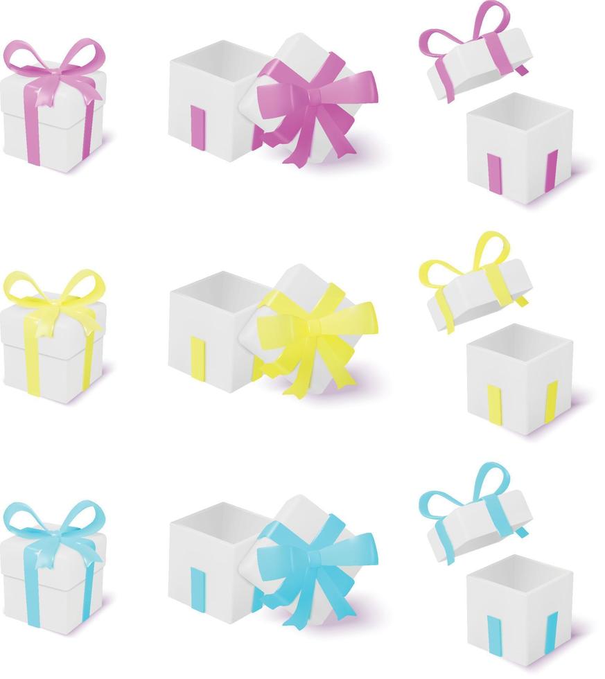 3d realistische weiße geschenkboxen mit farbiger schleifen- und bandsammlung vektor