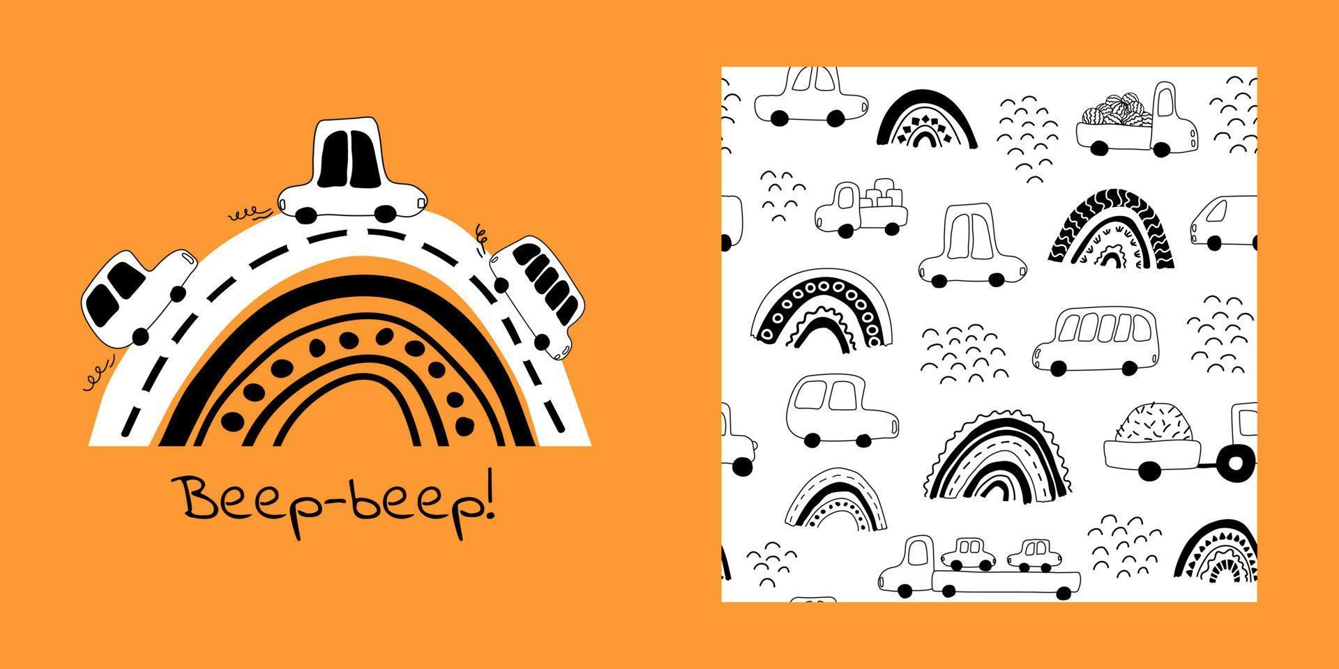 Autos Muster. Baby-Hintergrund. gekritzelregenbogen und lastwagen. Perfekt für Geschenkpapier, Bedrucken des Stoffes, Designpaket und Cover für Kinder. Text piep piep. Vektor