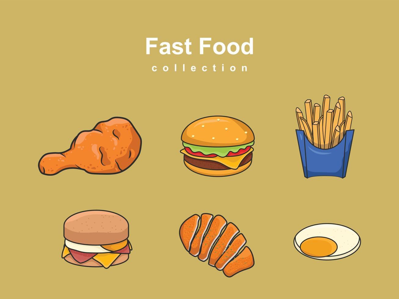 Fast-Food-Vektor-Icon-Sammlung klassischer Burger Kartoffel amerikanisches Fleisch Ei Huhn gebratenes Element Zeichen vektor