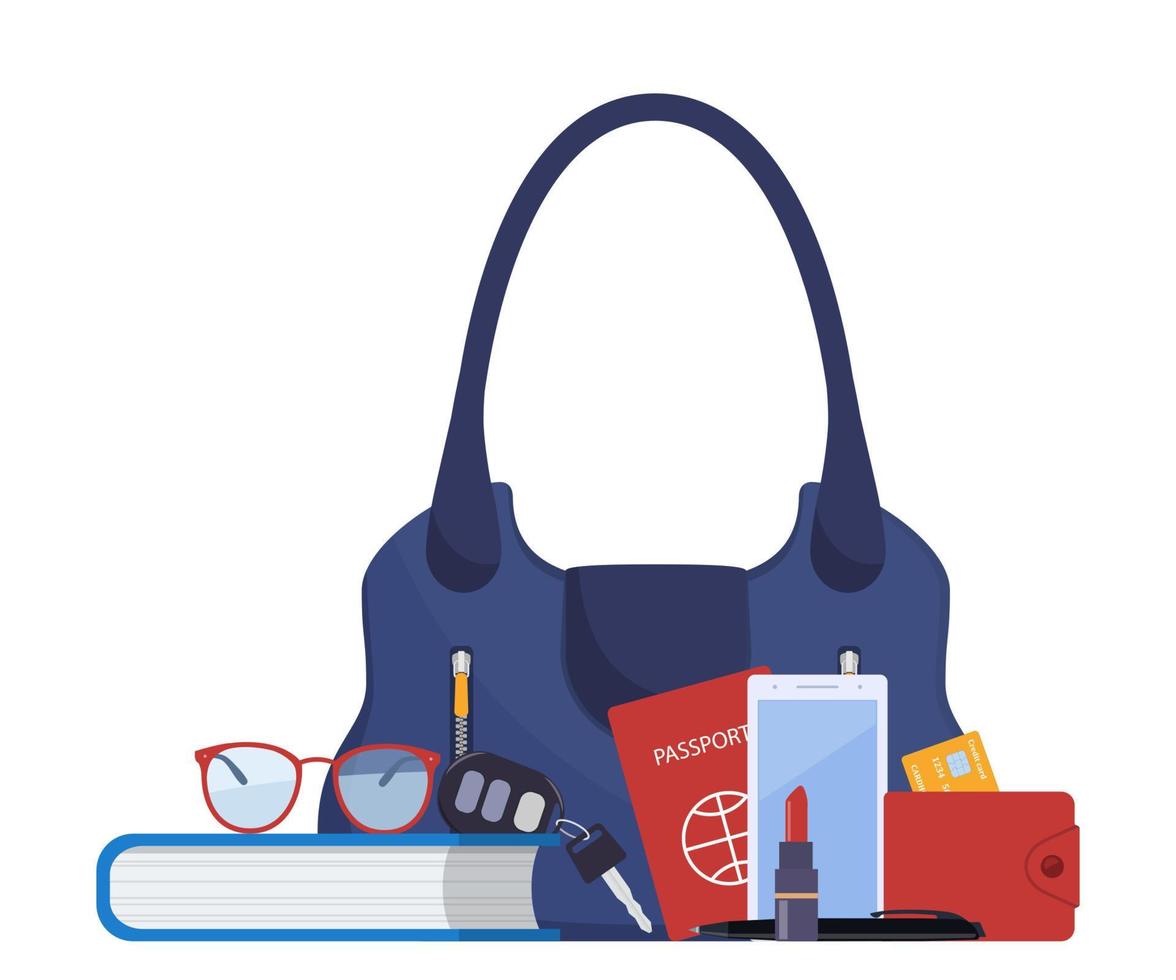 Frauenhandtasche und Inhalt. Tagebuch, Brille, Brieftasche, Bankkarte, Kugelschreiber, Smartphone, Reisepass, Autoschlüssel, Lippenstift. Vektor-Illustration. vektor