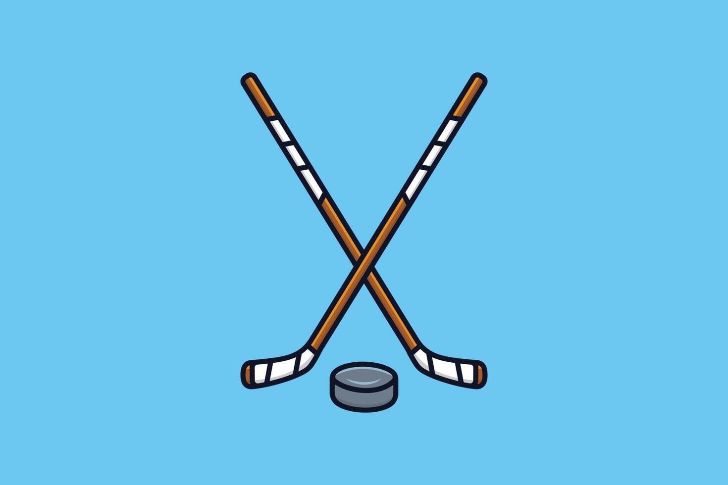 hockey pinnar och hockey puck i korsa tecken vektor illustration. sport hockey objekt ikon begrepp. hockey sport logotyp design. pinnar och puck ikon design på blå bakgrund.