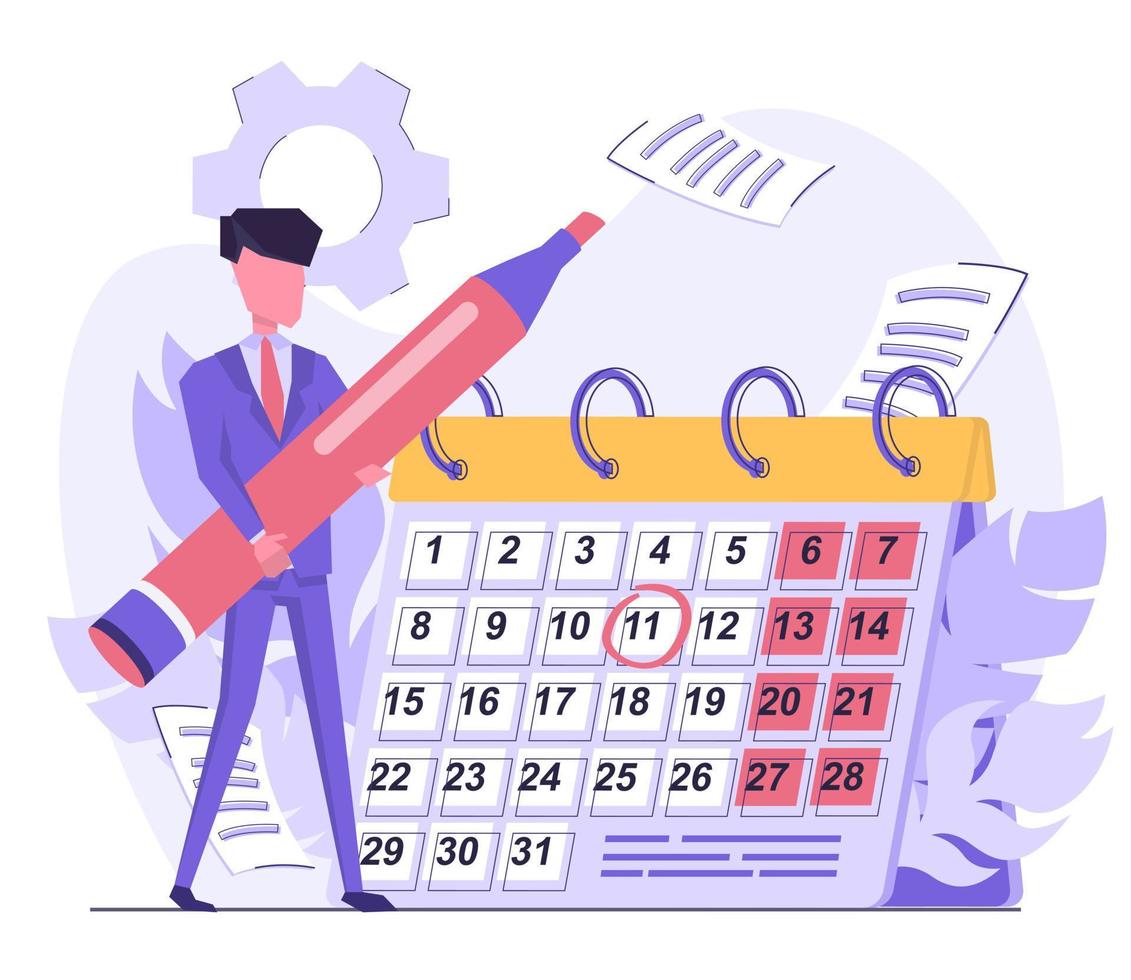 företag planera. affärsman cirklar de siffra på de kalender med en markör vektor