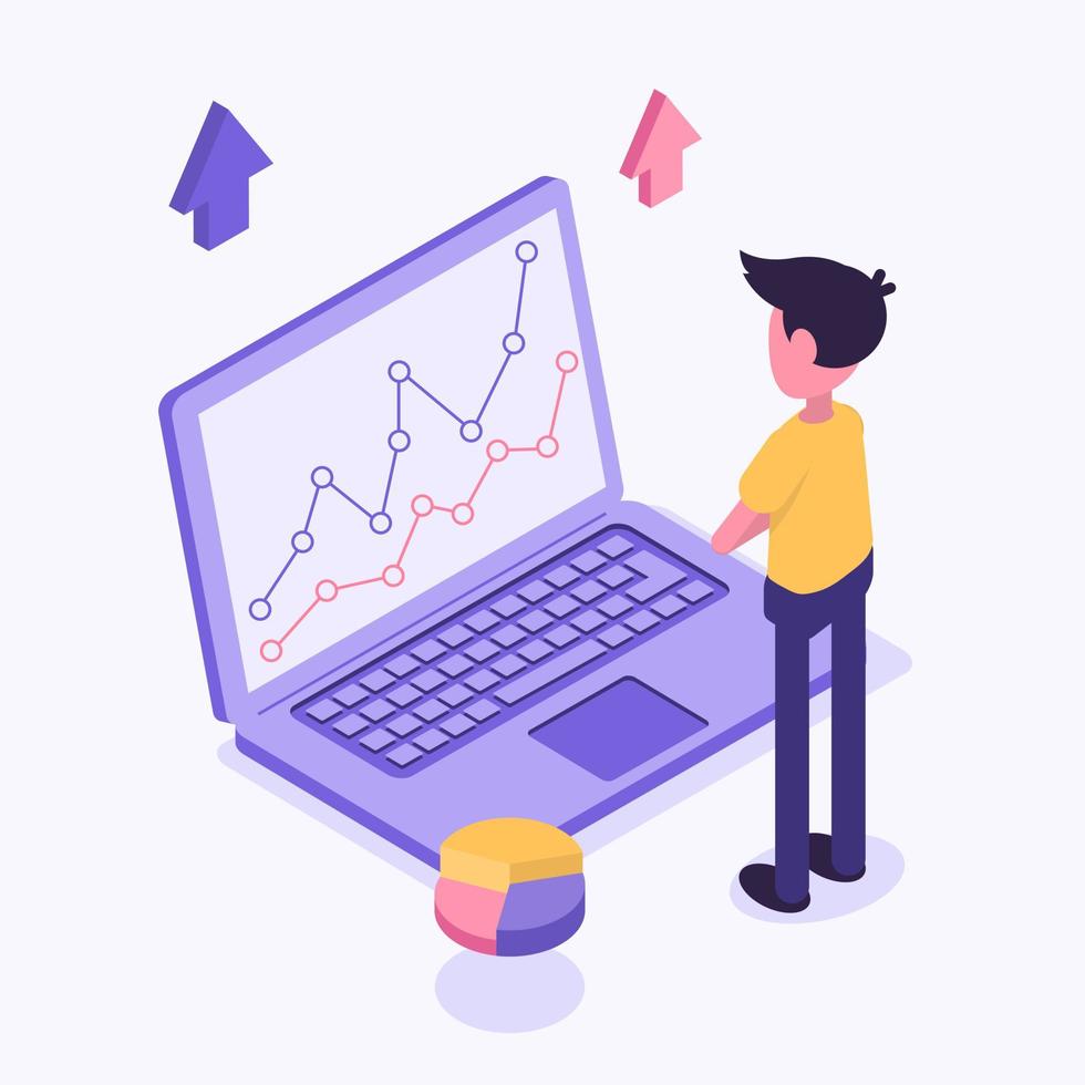 Unternehmensstatistik. Ein Mann führt Finanzanalysen auf einem Laptop durch vektor