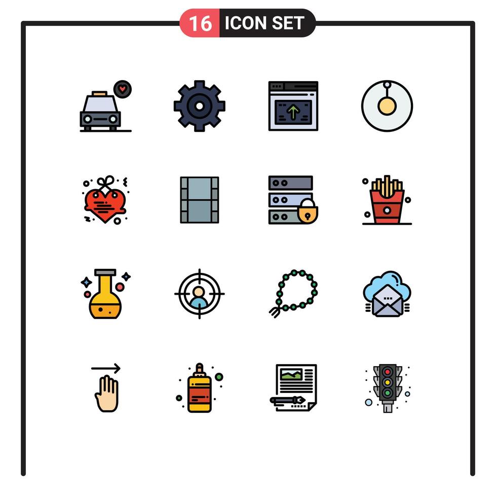 moderner Satz von 16 flachen, farbgefüllten Linien und Symbolen wie Video-Buchstaben-Web-Herz-Zenit editierbare kreative Vektordesign-Elemente vektor