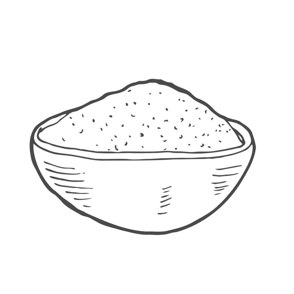 trä- skål med mat - skiss mjöl, ris, hav salt, spirulina, krydda, potatis, havre, socker, gröt, strach, curry. klotter hand dragen vektor illustration, årgång teckning isolerat på vit bakgrund