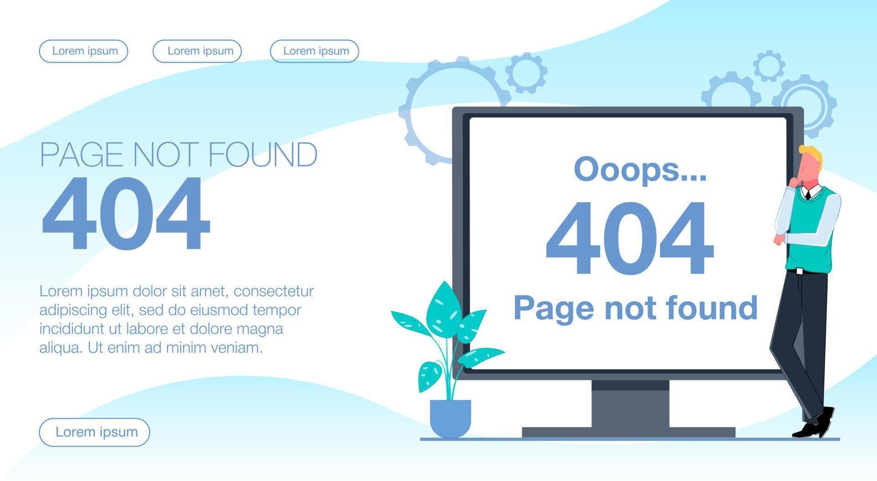 ein 404 nicht gefunden Fehler. Ein Mann steht neben einem Monitor, der einen 404-Fehler anzeigt. flache vektorillustration. vektor