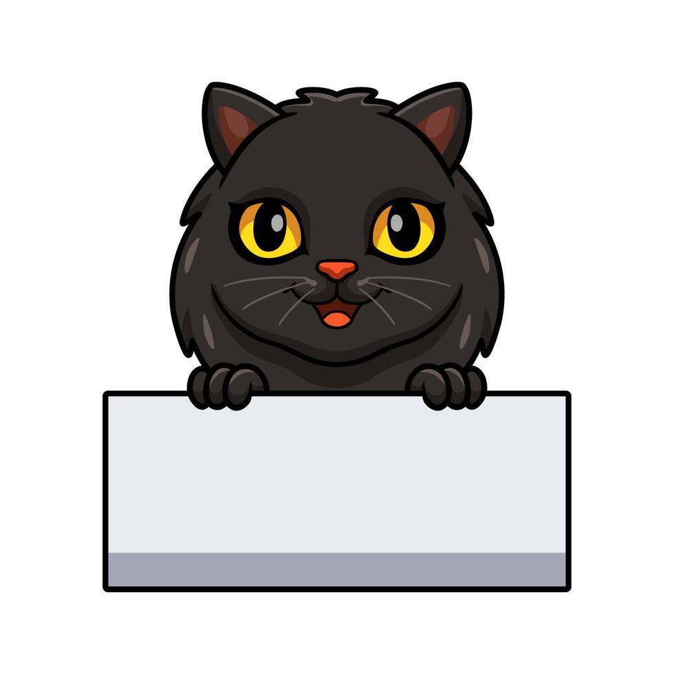 niedliche schwarze persische katzenkarikatur, die leeres zeichen hält vektor