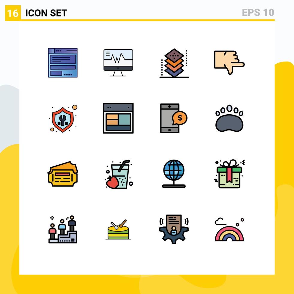 Gruppe von 16 modernen, flachen, farbgefüllten Linien, die für die Fix-Daumencodierung nach unten programmiert werden, um editierbare kreative Vektordesign-Elemente zu programmieren vektor