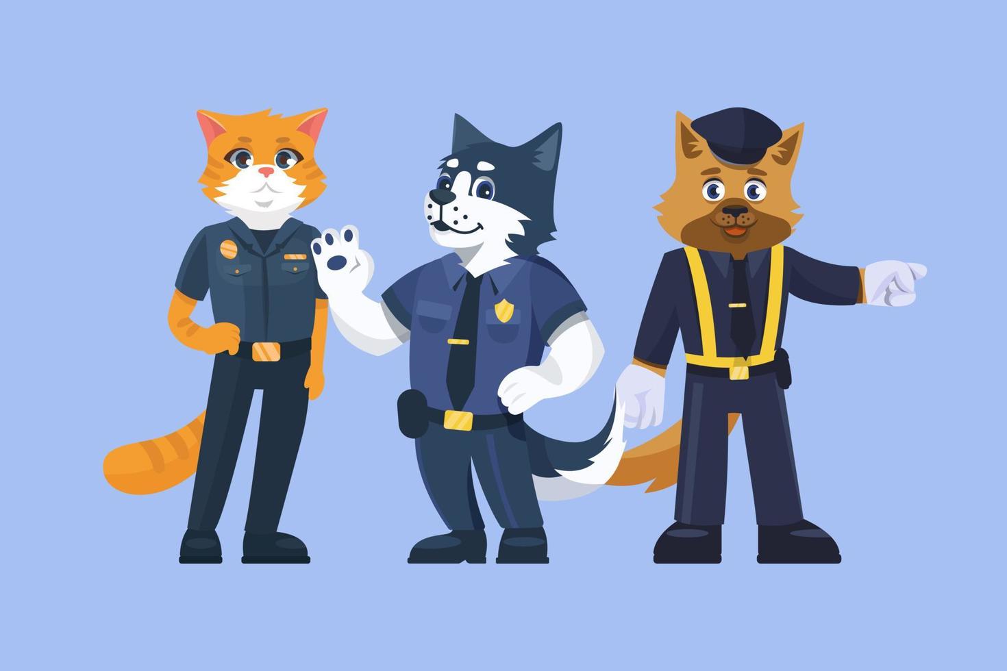 karikaturtiere katzen- und hundepolizist in uniform. flache vektorillustration vektor
