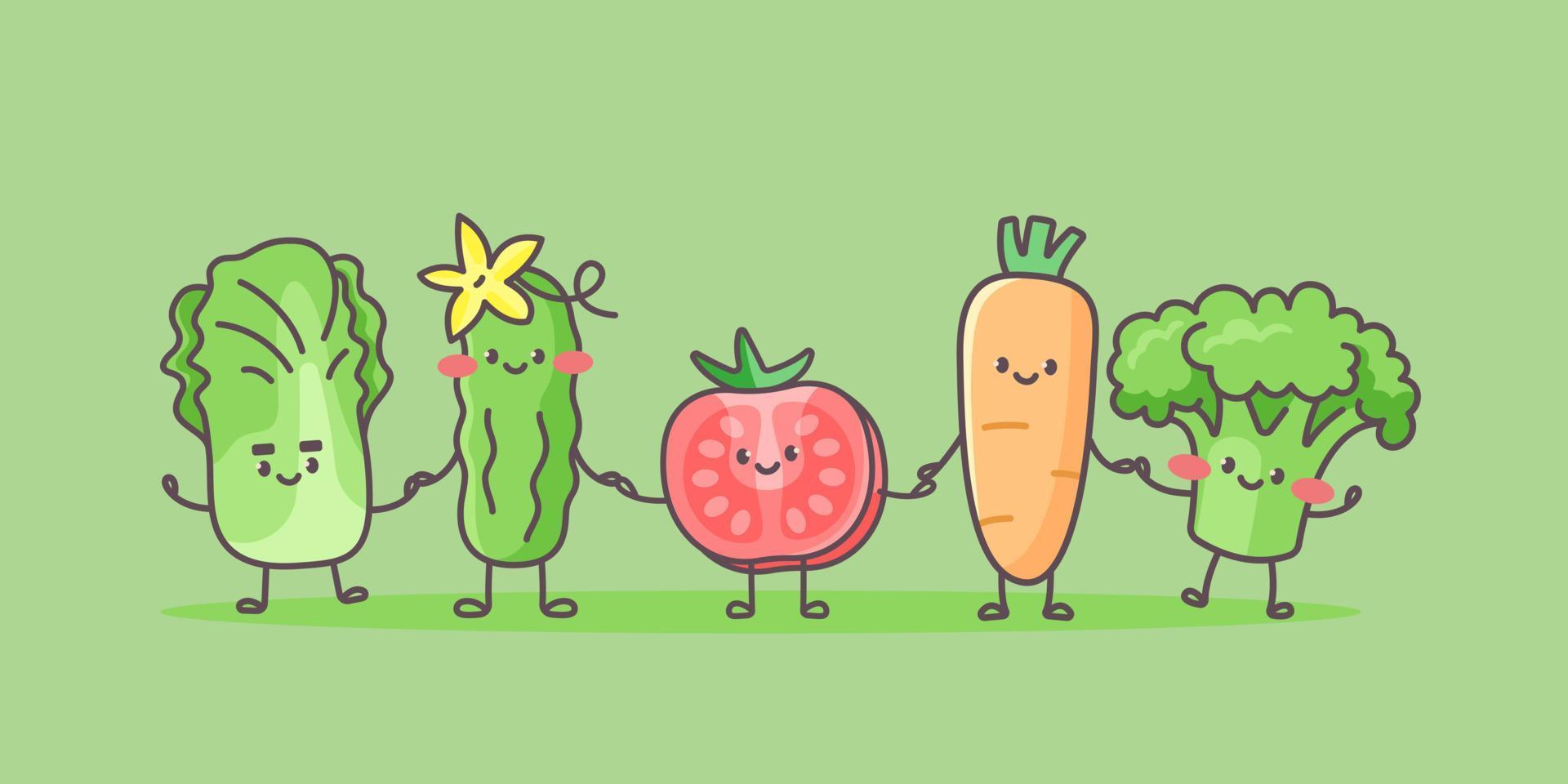 söt grönsaker gå hand i hand efter varje Övrig. Lycklig kål, gurka, tomat, morot och broccoli. vektor