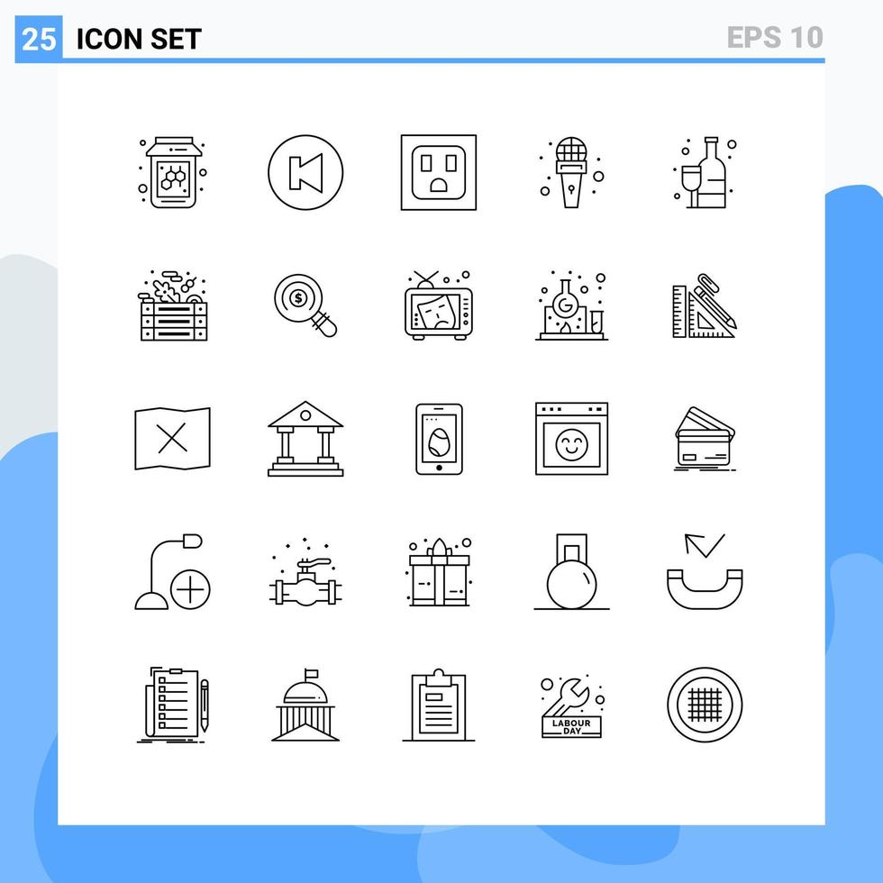 Aktienvektor-Symbolpaket mit 25 Zeilenzeichen und Symbolen für Salatgetränke, Mikros, alkoholische Einkäufe, editierbare Vektordesign-Elemente vektor