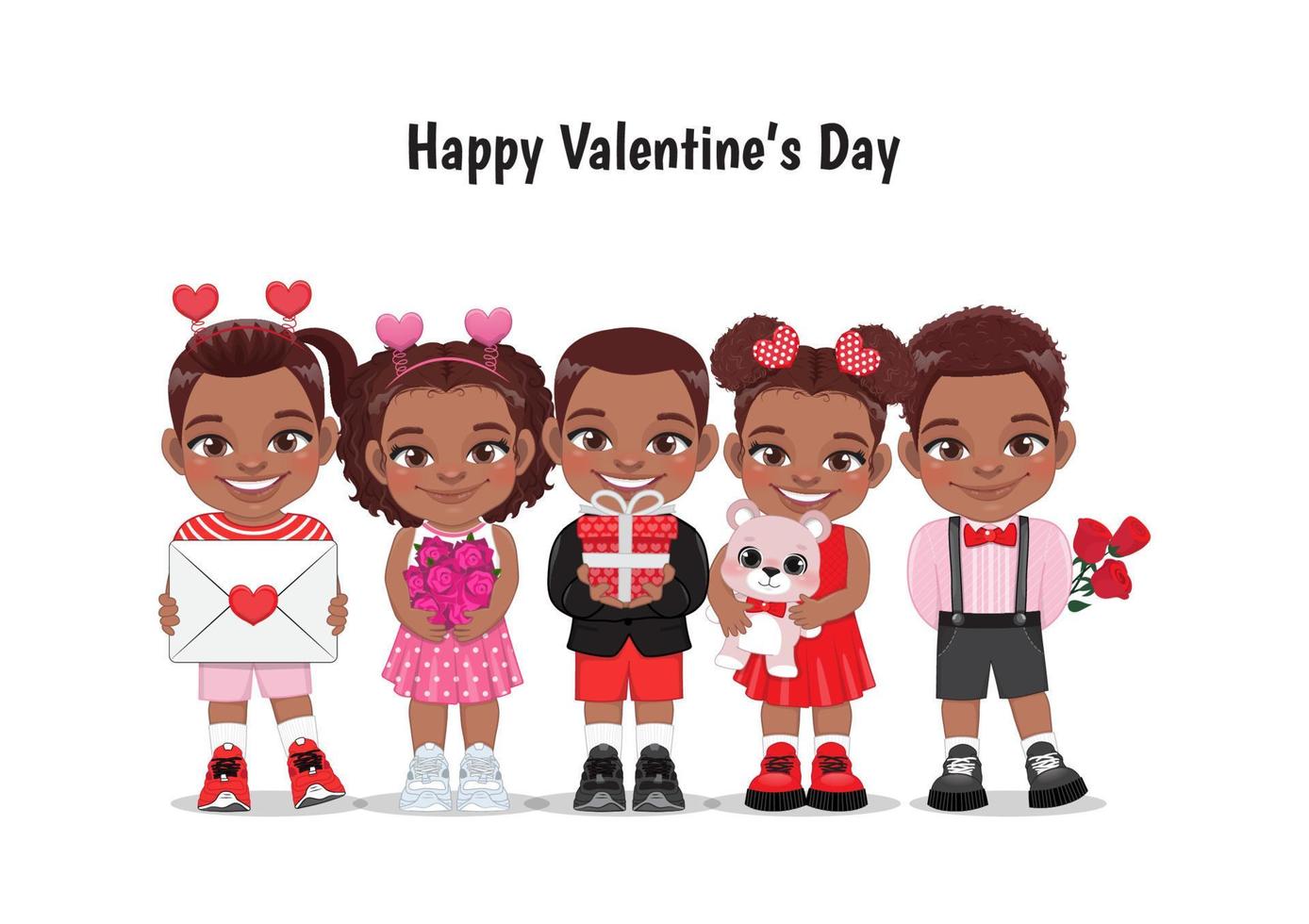valentinstag afroamerikanische kinder mit multikulturellen kleinen schwarzen jungen und mädchen datieren, feiern valentinstag flache vektorillustration. junge freundinnen und freunde zeichentrickfiguren vektor. vektor