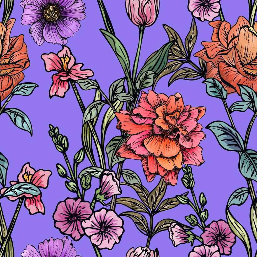 hand dragen elegant färgrik sömlös mönster med botanisk blommig design illustration vektor