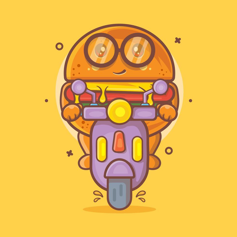 Häftigt hamburgare mat karaktär maskot ridning skoter motorcykel isolerat tecknad serie i platt stil design vektor