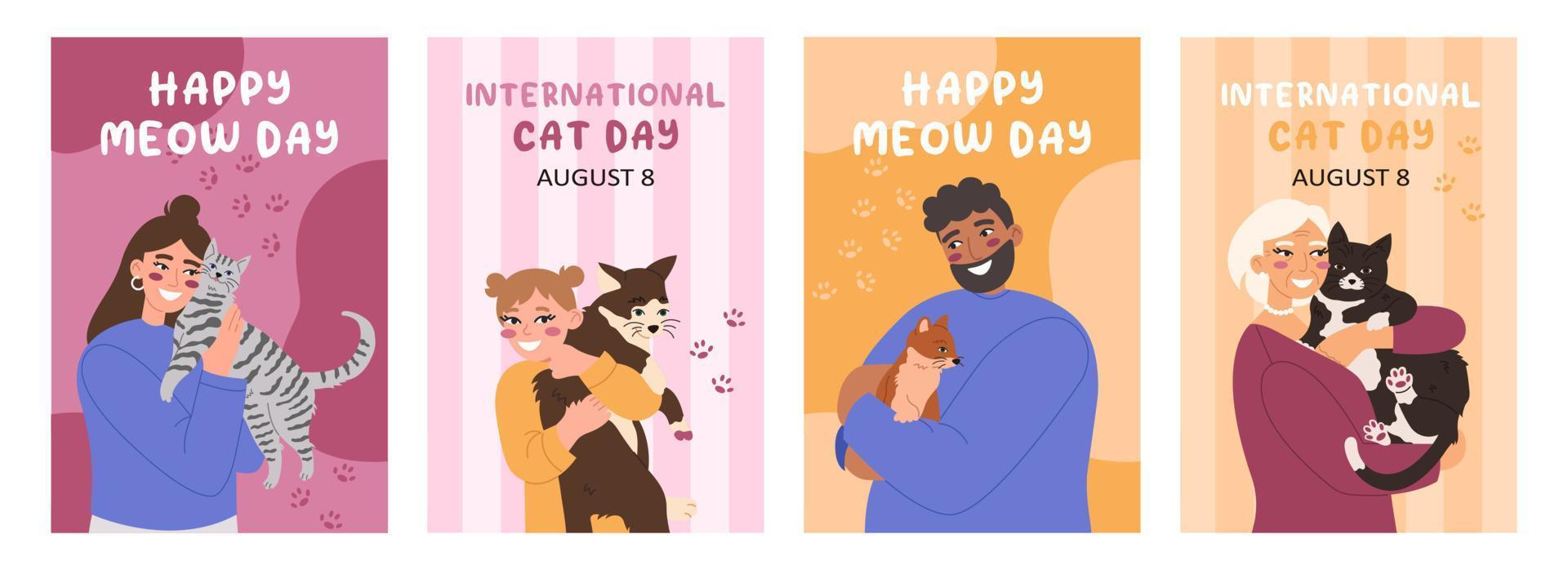 Lycklig mjau dag och internationell katt dag kort samling. människor kramas deras katter. platt vektor illustrationer.