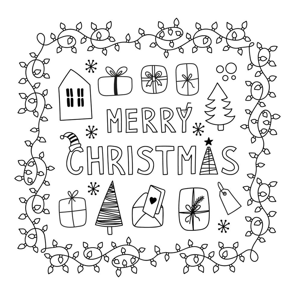 frohe weihnachten clipart set mit geschenken, baum, brief, haus in girlande. handgezeichnete Vektor-Doodles vektor