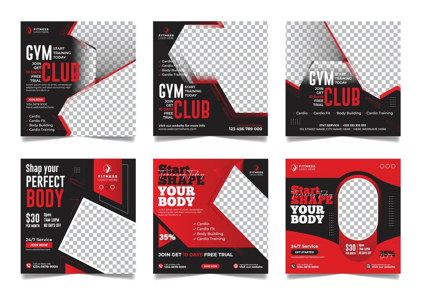 6 Gym kondition social media posta baner träna övning PR fyrkant mall design uppsättning. vektor