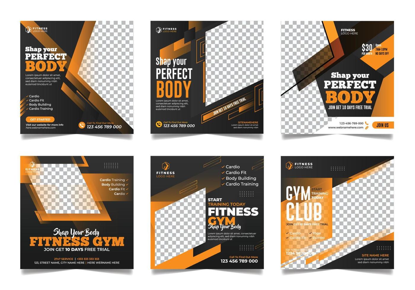 6 Social-Media-Post-Gym-Fitness-Banner-Set Workout-Übung Werbe-Quadrat-Template-Design. vektor