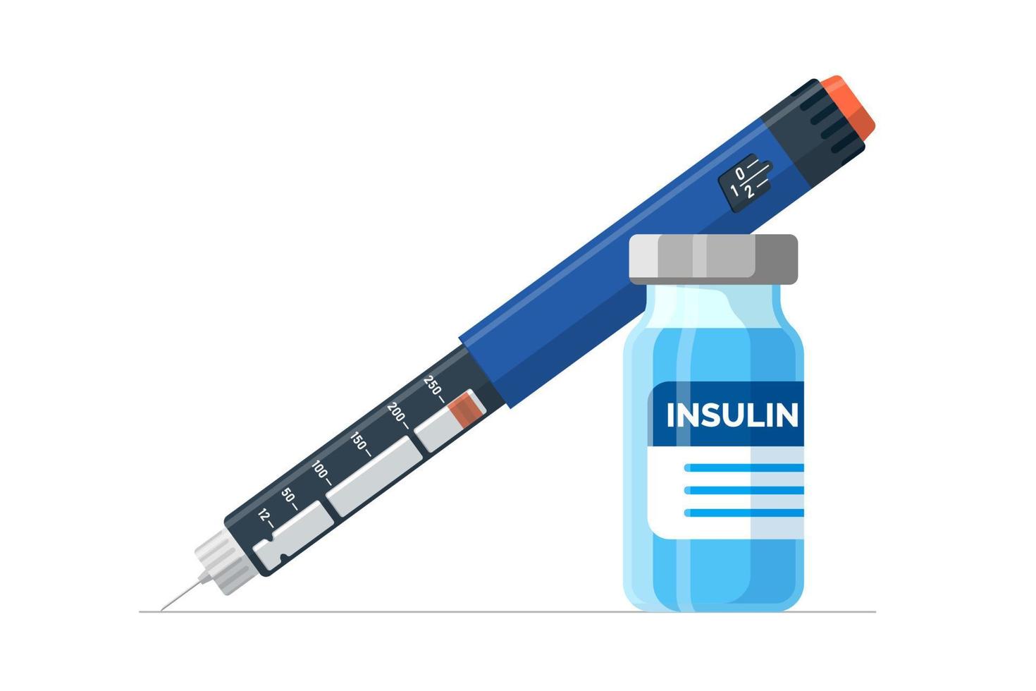 Insulininjektionsstift und Fläschchen. Hormonampulle in Spritze und Medikamentenflasche. Injektor zur Diabeteskontrolle. Gerät für Diabetiker. Medizinischer Schuss für Menschen mit hohem Blutzucker. Vektor-eps vektor