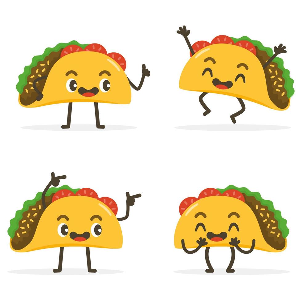 uppsättning av söt taco tecknad serie mat tecken isolerat på vit. vektor