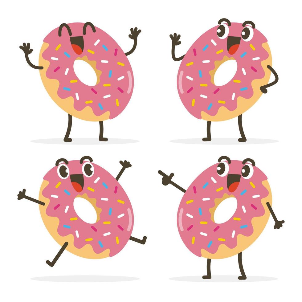 satz niedlicher donut-karikaturlebensmittelcharaktere lokalisiert auf weiß. vektor