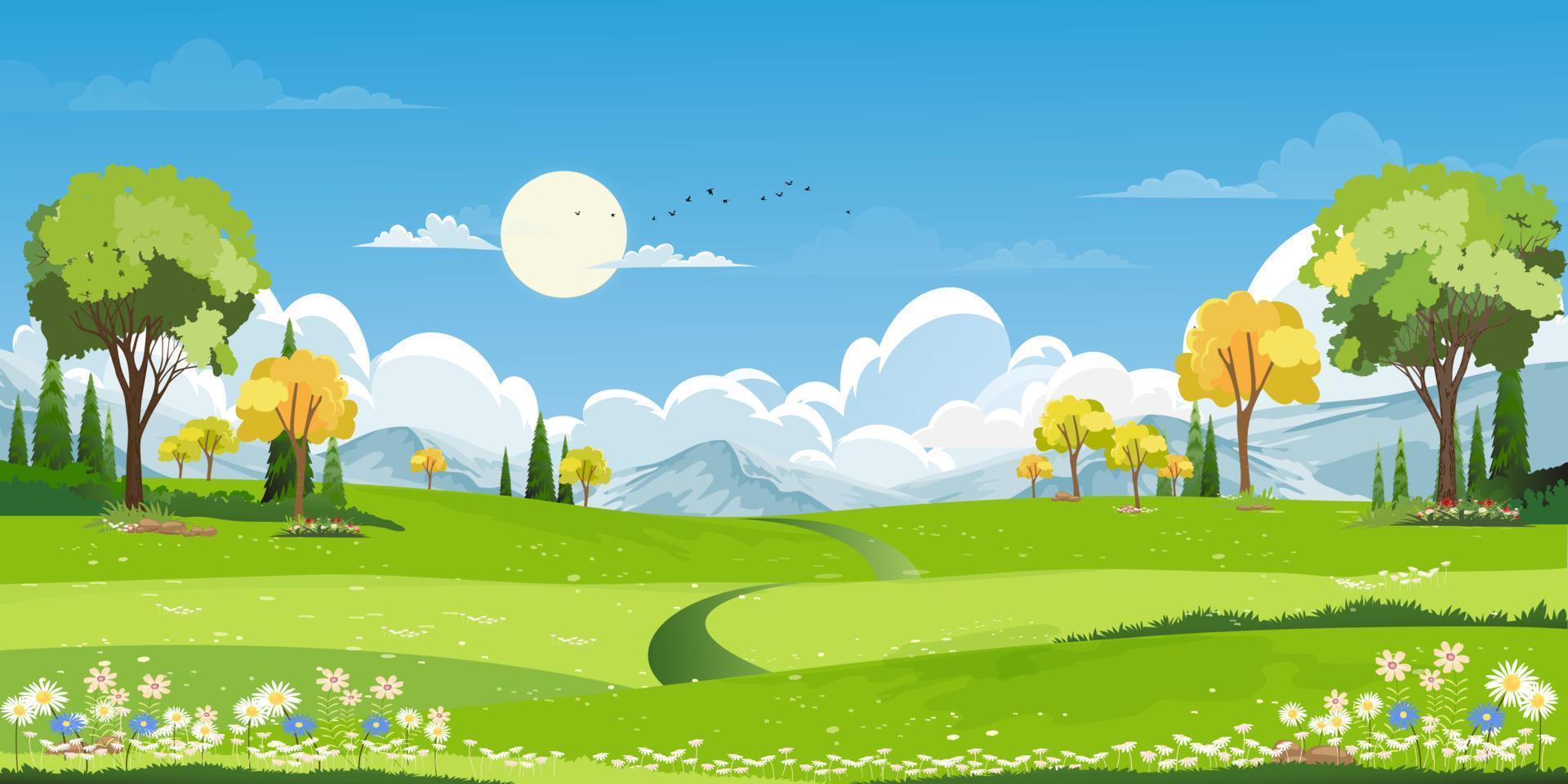 frühlingsgrüne felder landschaft mit bergen, blauem himmel und wolkenhintergrund, panorama friedliche ländliche natur im frühling mit grünem grasland. karikaturvektorillustration für frühlings- und sommerbanner vektor