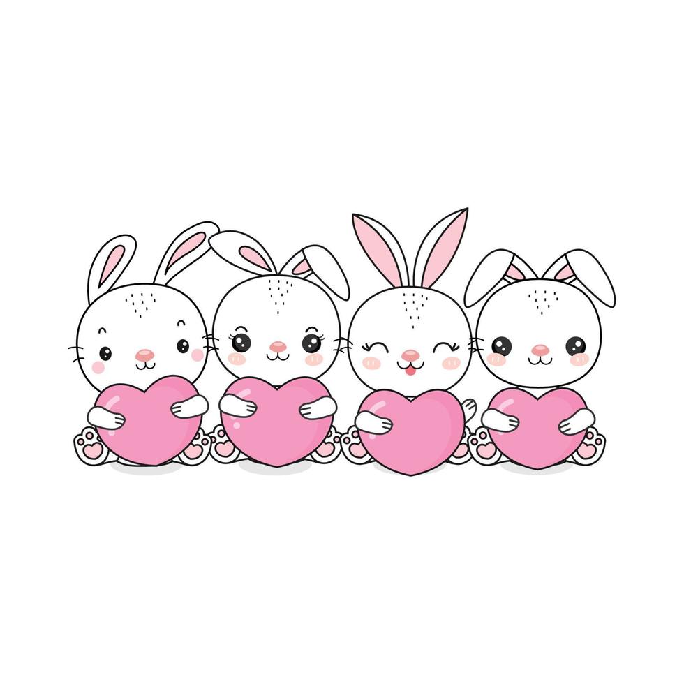 süße kaninchen, die herzen halten. cartoon-charakter-design für den valentinstag. vektor