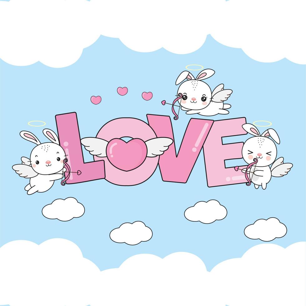 süße häschenamoren fliegen in den wolken mit herz und liebe text.illustration für valentinstag design. vektor