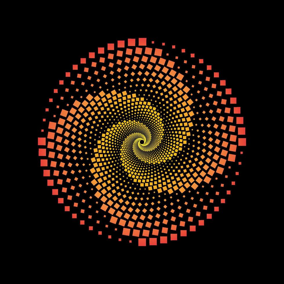 rot und gelb gepunktete quadrate spiralwirbelkreisvektor. Logo mit quadratischen Punkten und kreisförmigem Wirbelmuster. vektor