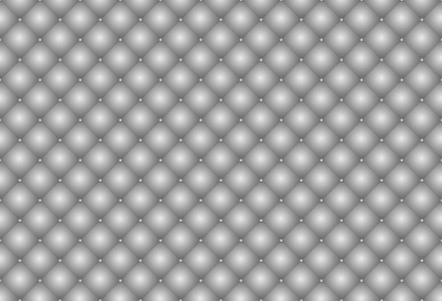 3D-glänzender silberner Polsterleder-Textur-Vektorhintergrund. gesteppte quadrate mit metallischem farbverlauf mit nahtlosem mustergitter aus silbernen perlen. vektor