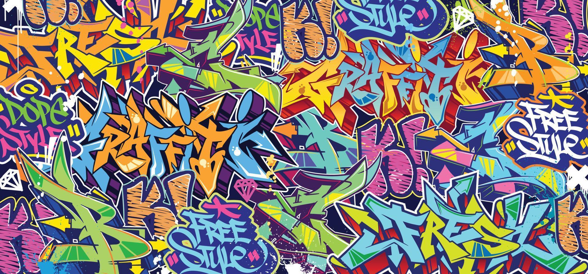 bunter Graffiti-Wandkunsthintergrund Street Art Hip-Hop urbaner Vektorillustrationshintergrund. nahtloser erstaunlicher graffiti-kunsthintergrund vektor