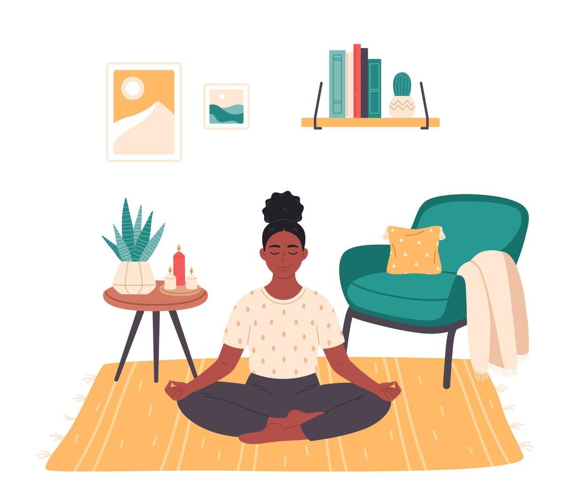 svart kvinna Sammanträde i lotus utgör och mediterar på Hem. mental hälsa vård, avslappning, rekreation, yoga praktiserande. söt interiör med modern möbel vektor