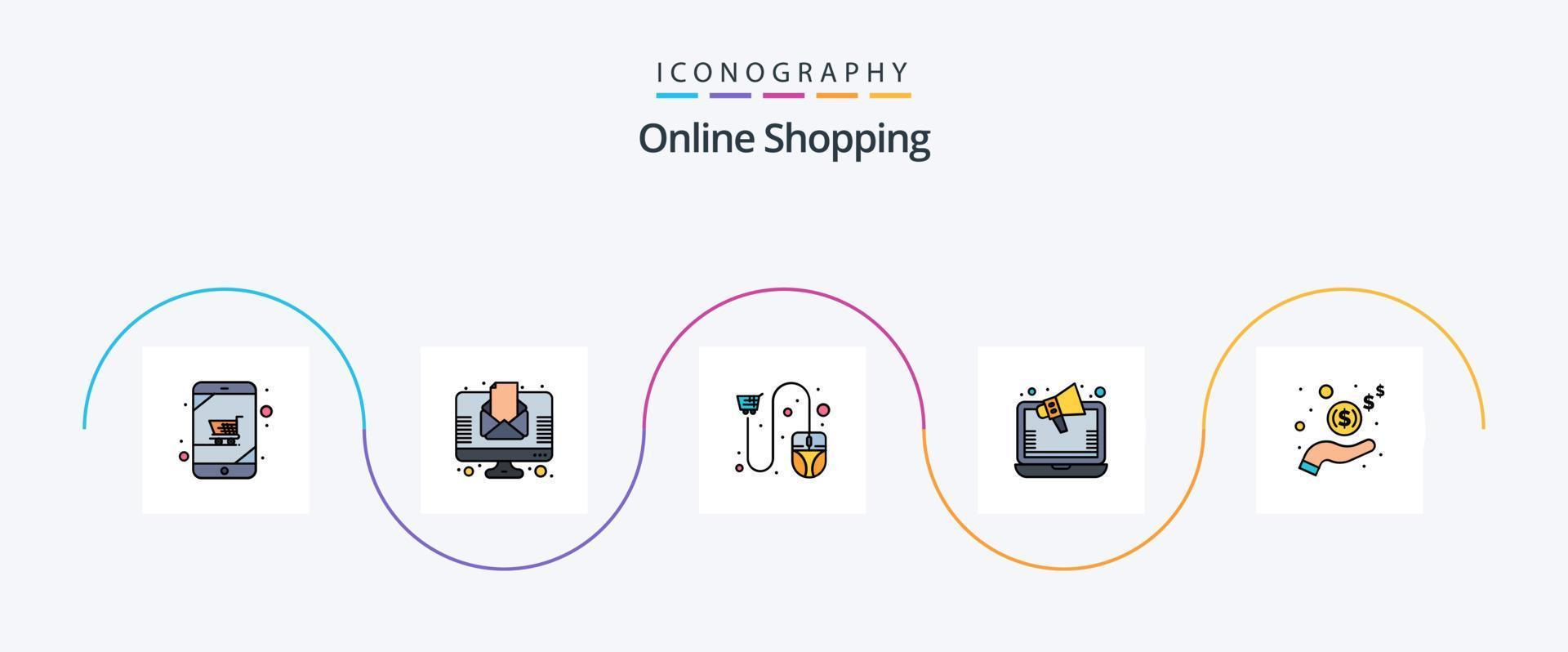 Online-Shopping-Linie gefüllt Flat 5 Icon Pack einschließlich Online. Anzeigen. Zeitung. Maus vektor