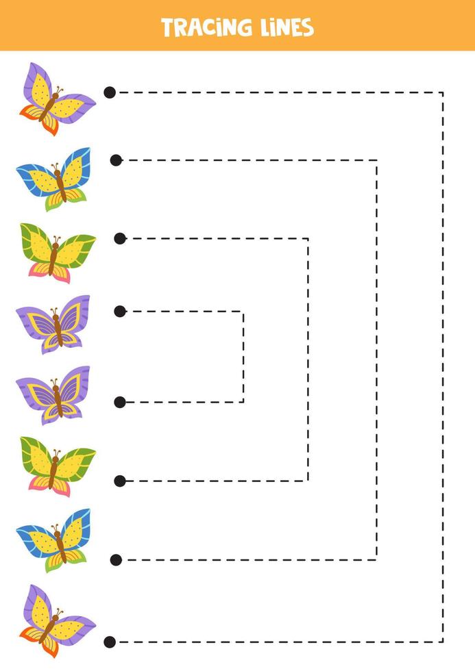 Nachzeichnen von Linien für Kinder mit bunten Schmetterlingen. Handschrift üben. vektor