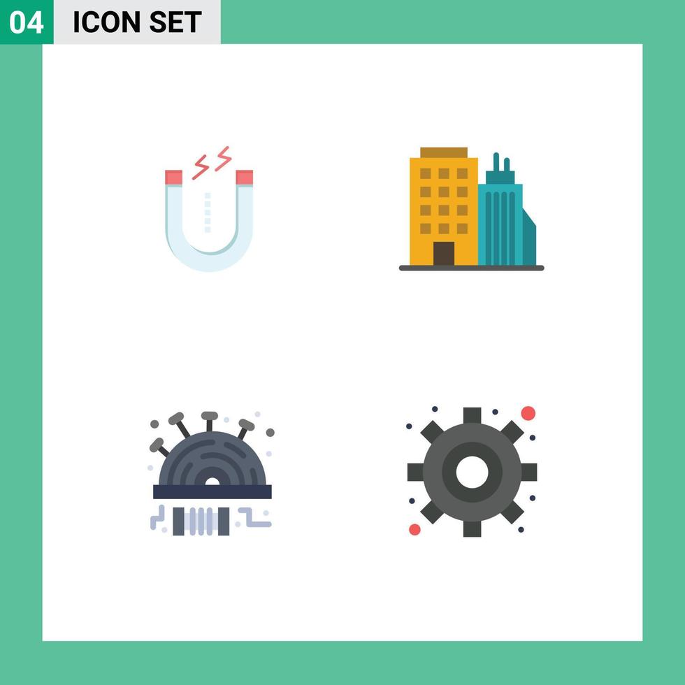 Packung mit 4 kreativen flachen Symbolen von Magnet-Nadelkissen-Werkzeugturm-Stich editierbaren Vektordesign-Elementen vektor