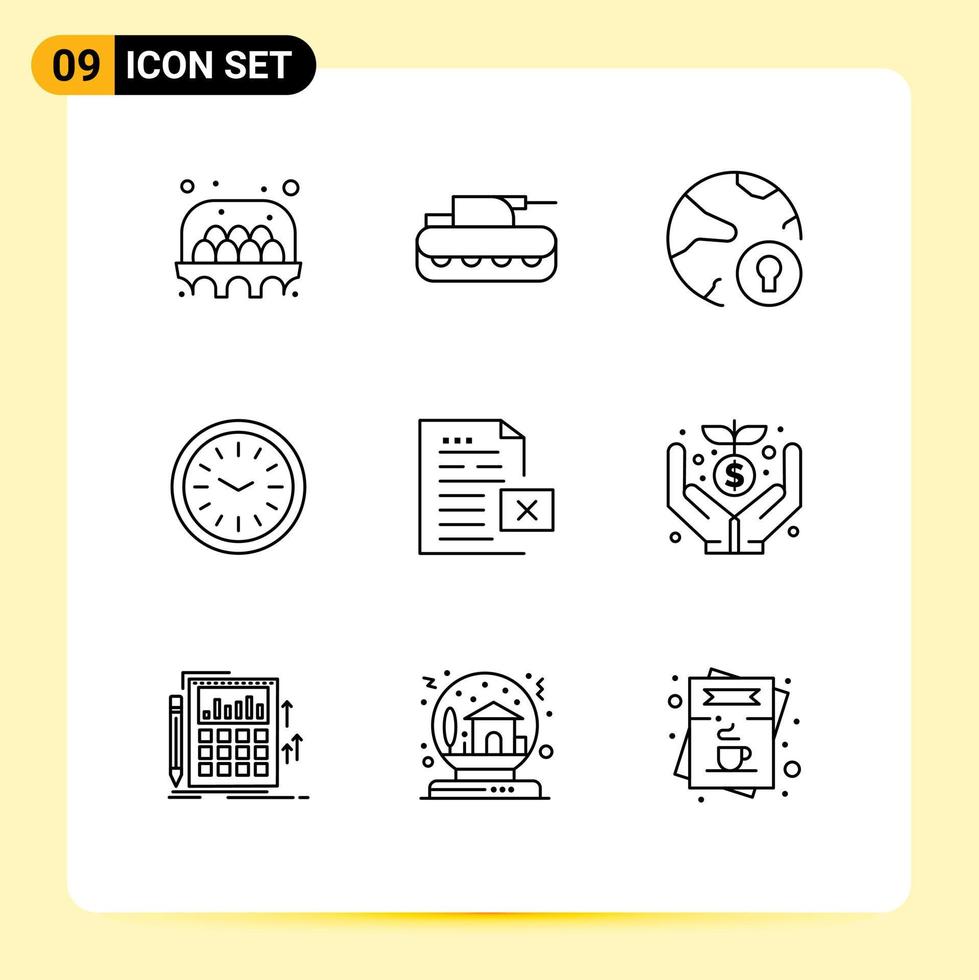 Stock Vector Icon Pack mit 9 Zeilenzeichen und Symbolen für die Löschzeit des globalen Wandschutzes editierbare Vektordesign-Elemente