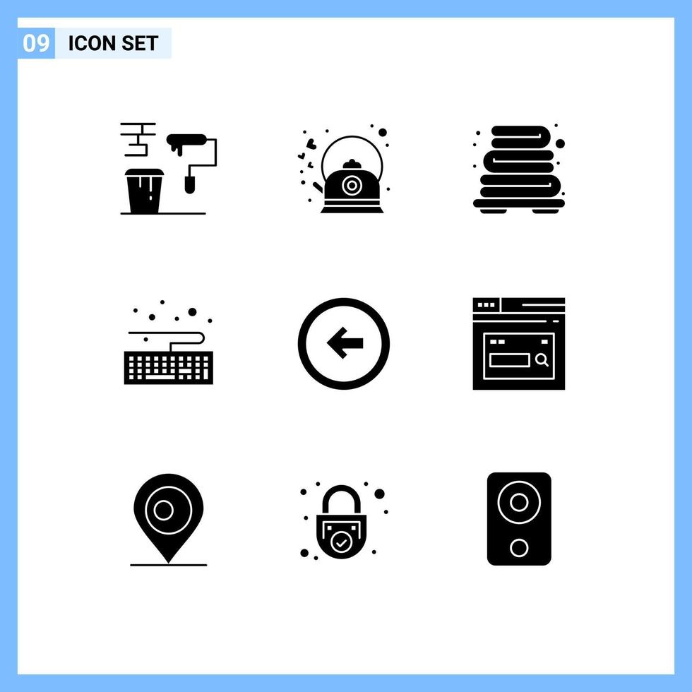 moderner Satz von 9 soliden Glyphen-Piktogrammen mit bearbeitbaren Vektordesign-Elementen für Wasserkocher-Tastaturhandtücher vektor