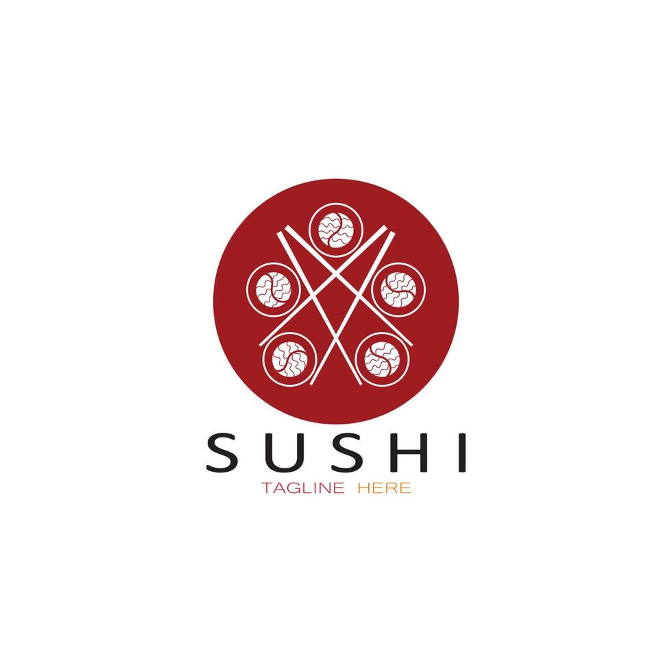 sushi logo template.vector icon style illustration bar oder shop, sushi, lachsbrötchen, sushi und brötchen mit essstäbchen bar oder restaurant vektor logo vorlage