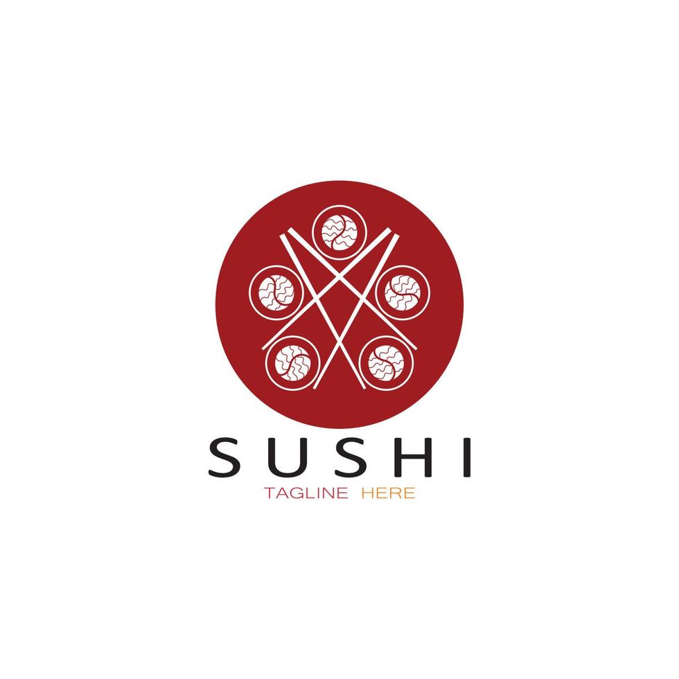sushi logotyp mall. vektor ikon stil illustration bar eller butik, sushi, lax rulle, sushi och rullar med ätpinne bar eller restaurang vektor logotyp mall