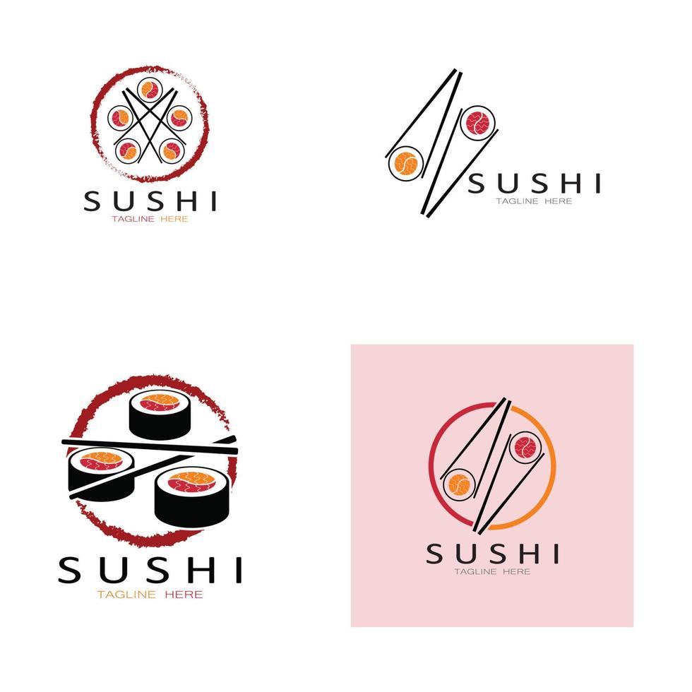 sushi logo template.vector icon style illustration bar oder shop, sushi, lachsbrötchen, sushi und brötchen mit essstäbchen bar oder restaurant vektor logo vorlage