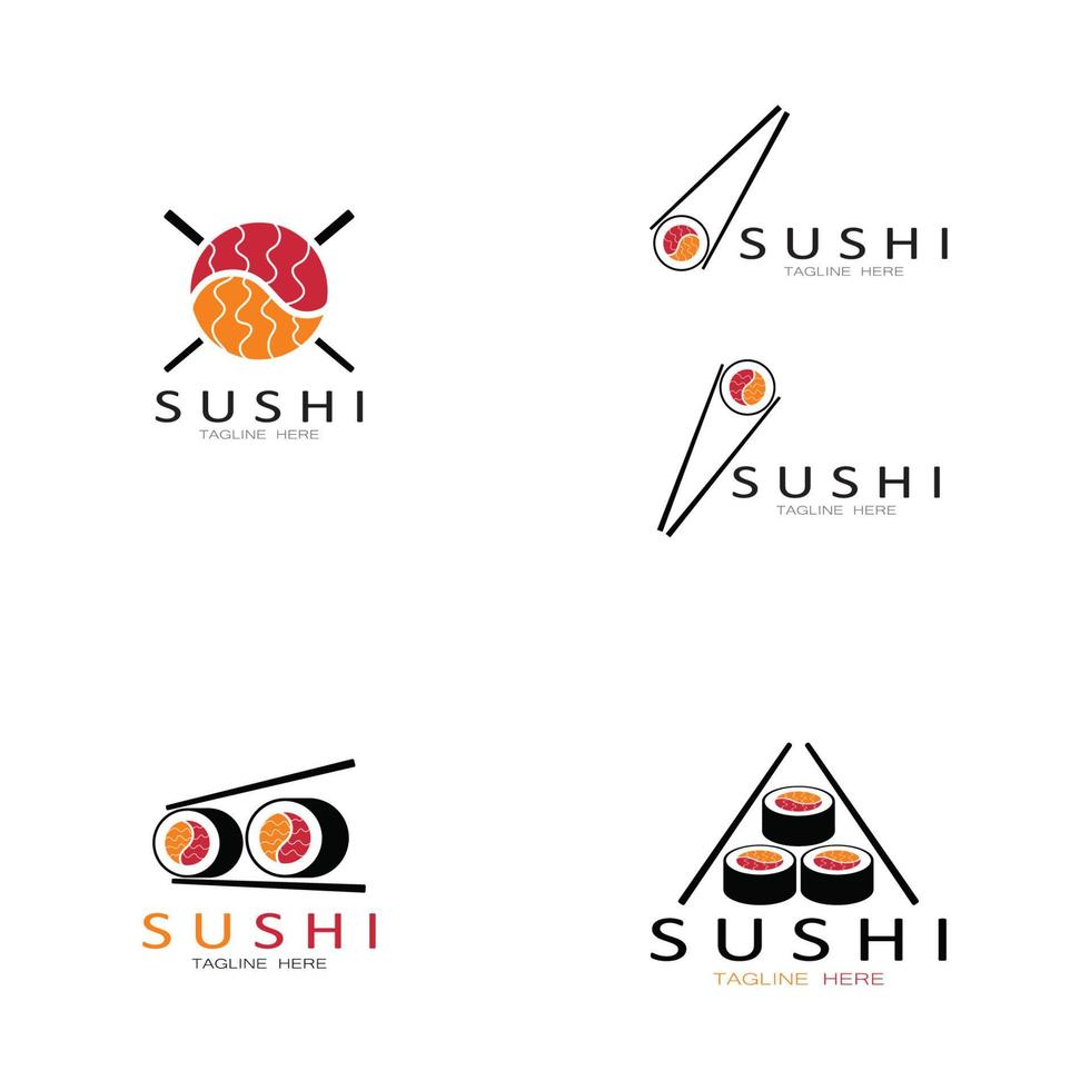 sushi logotyp mall. vektor ikon stil illustration bar eller butik, sushi, lax rulle, sushi och rullar med ätpinne bar eller restaurang vektor logotyp mall