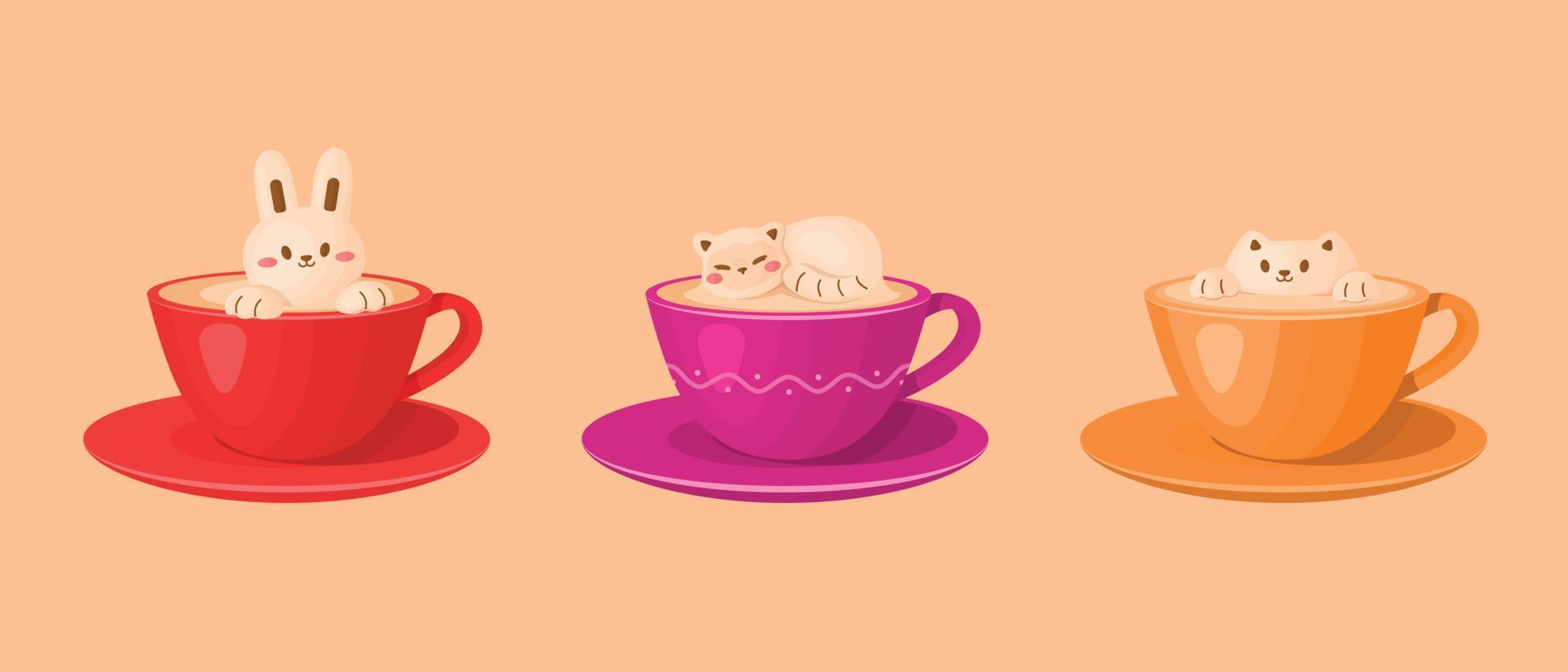 kaffe koppar av skum mjölk i 3d latte konst, katt och kanin form. vektor