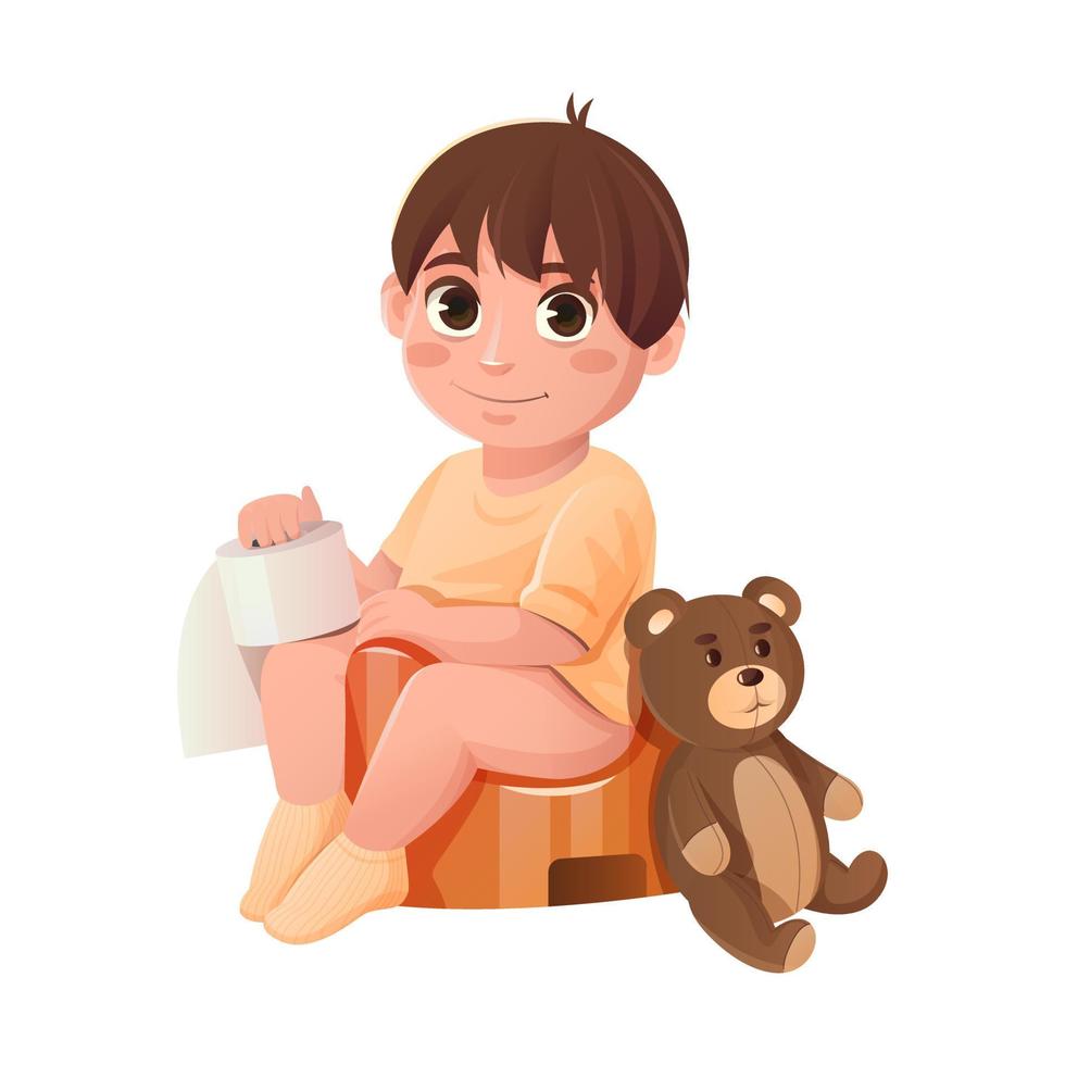 Cartoon-Baby sitzt auf einem Töpfchen mit Toilettenpapier in der Hand und einem Teddybären. Vektor-Illustration isoliert auf weißem Hintergrund. vektor