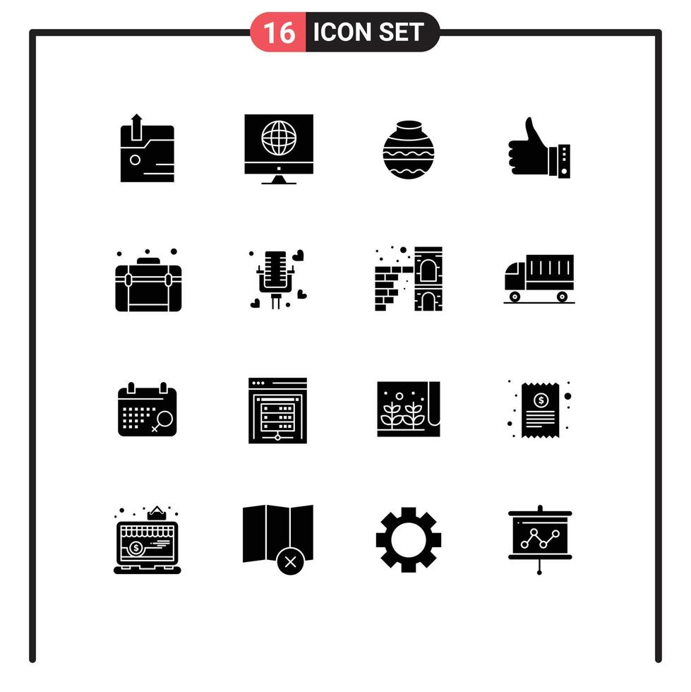 modern uppsättning av 16 fast glyfer pictograph av upp hand sand gest tycka om redigerbar vektor design element