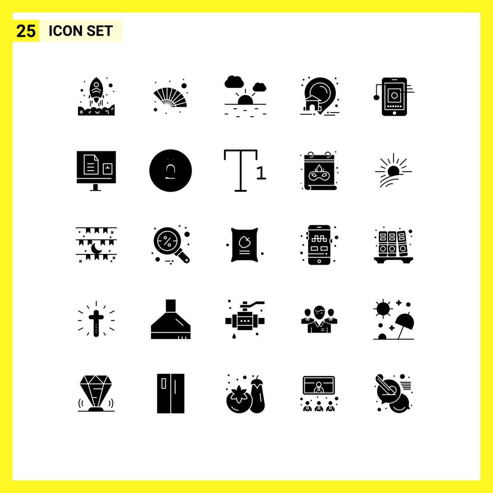 moderner Satz von 25 soliden Glyphen und Symbolen wie bearbeitbare Vektordesign-Elemente für Hardware, mobile Cloud, echtes Haus vektor