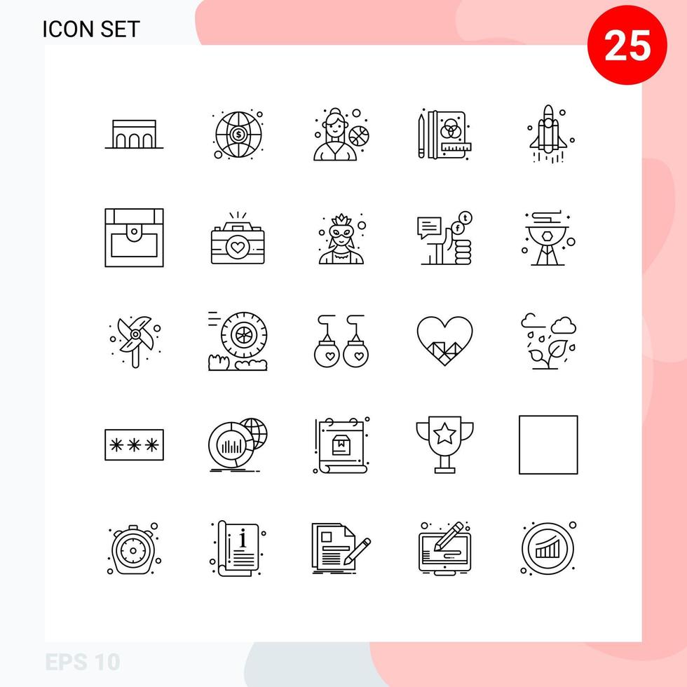 Stock Vector Icon Pack mit 25 Linienzeichen und Symbolen für Technologie-Raketen-Basketballspieler-Startprozess editierbare Vektordesign-Elemente