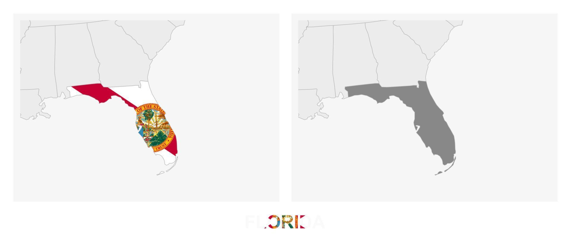 två versioner av de Karta av oss stat florida, med de flagga av florida och markerad i mörk grå. vektor