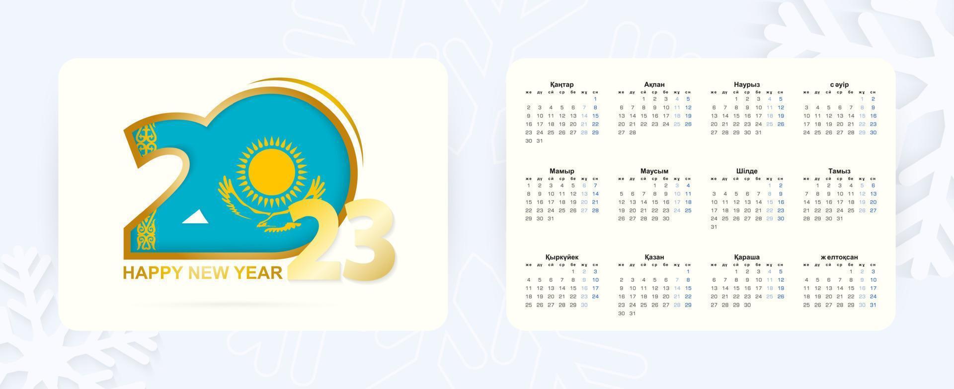 horizontaler Taschenkalender 2023 in kasachischer Sprache. Neujahrssymbol 2023 mit Flagge Kasachstans. vektor