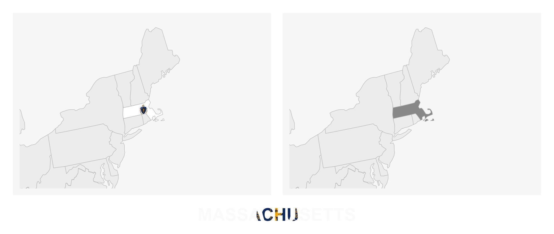 zwei versionen der karte des us-bundesstaates massachusetts, mit der flagge von massachusetts und dunkelgrau hervorgehoben. vektor
